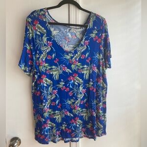 Como vintage blue tropical floral top short sleeve